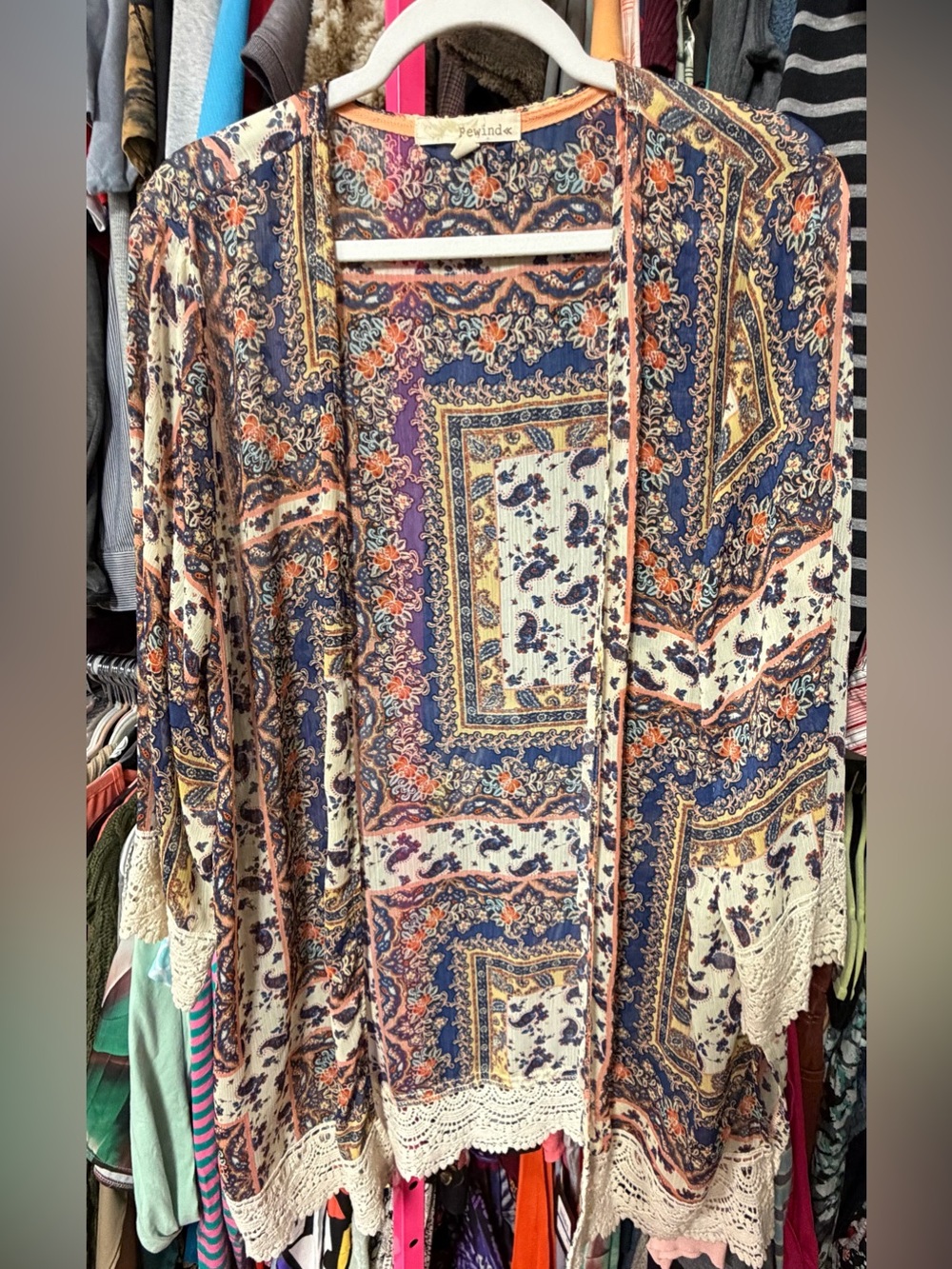 Rewind women’s XL open front BoHo cotton crochet kimono blouse floral Paisley